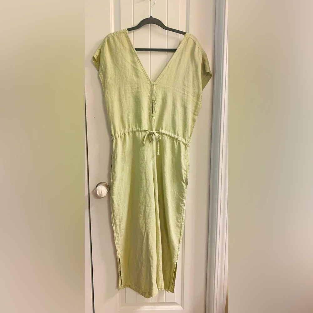 Green cropped wide leg linen jumpsuit